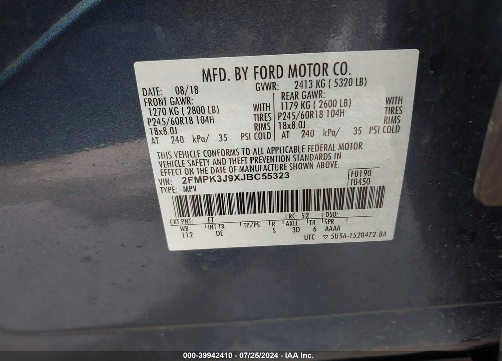 2018 FORD EDGE SEL VIN: 2FMPK3J9XJBC55323