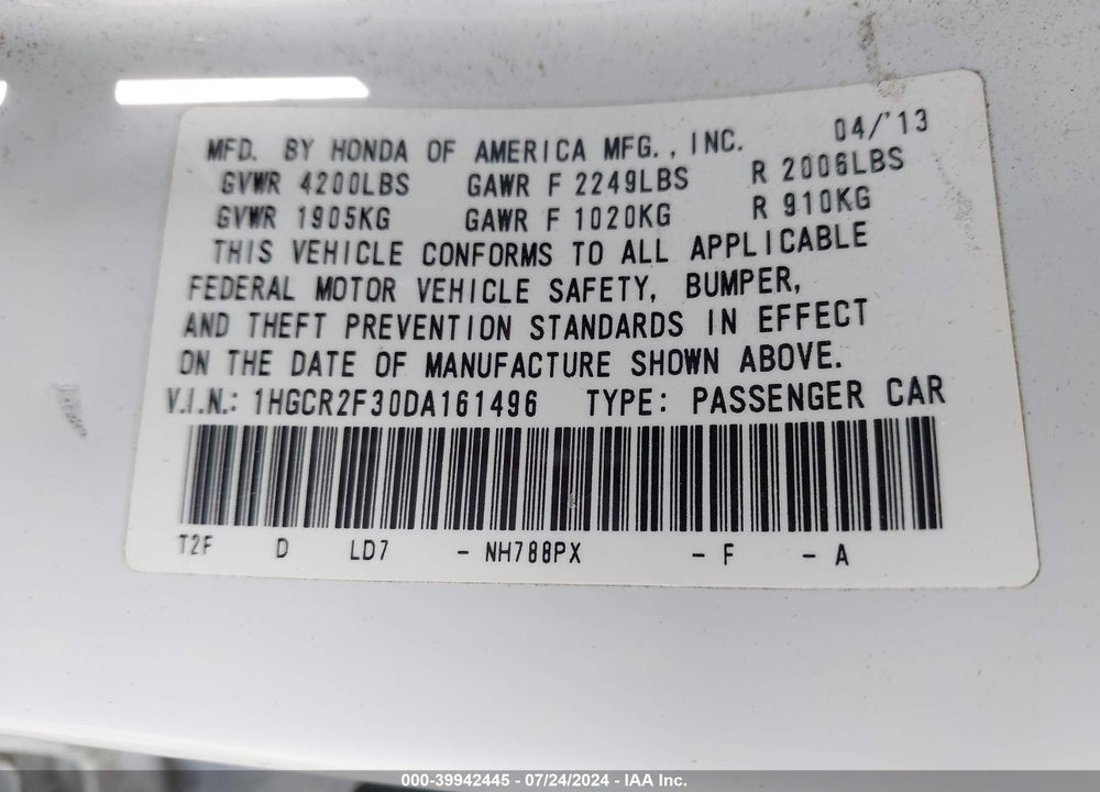 2013 HONDA ACCORD LX VIN: 1HGCR2F30DA161496