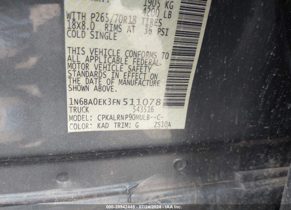 2015 NISSAN TITAN S VIN: 1N6BA0EK3FN511078