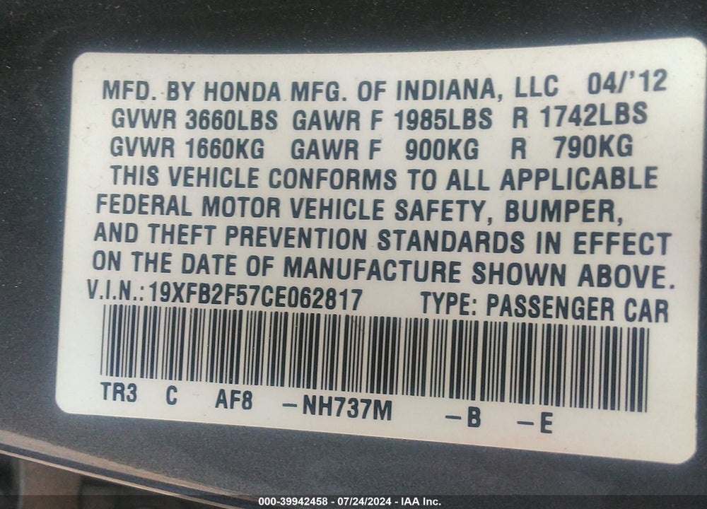 2012 HONDA CIVIC LX VIN: 19XFB2F57CE062817