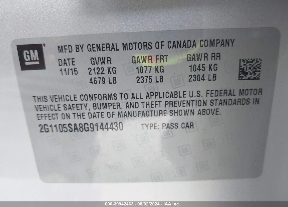 2016 CHEVROLET IMPALA 1LT VIN: 2G1105SA8G9144430