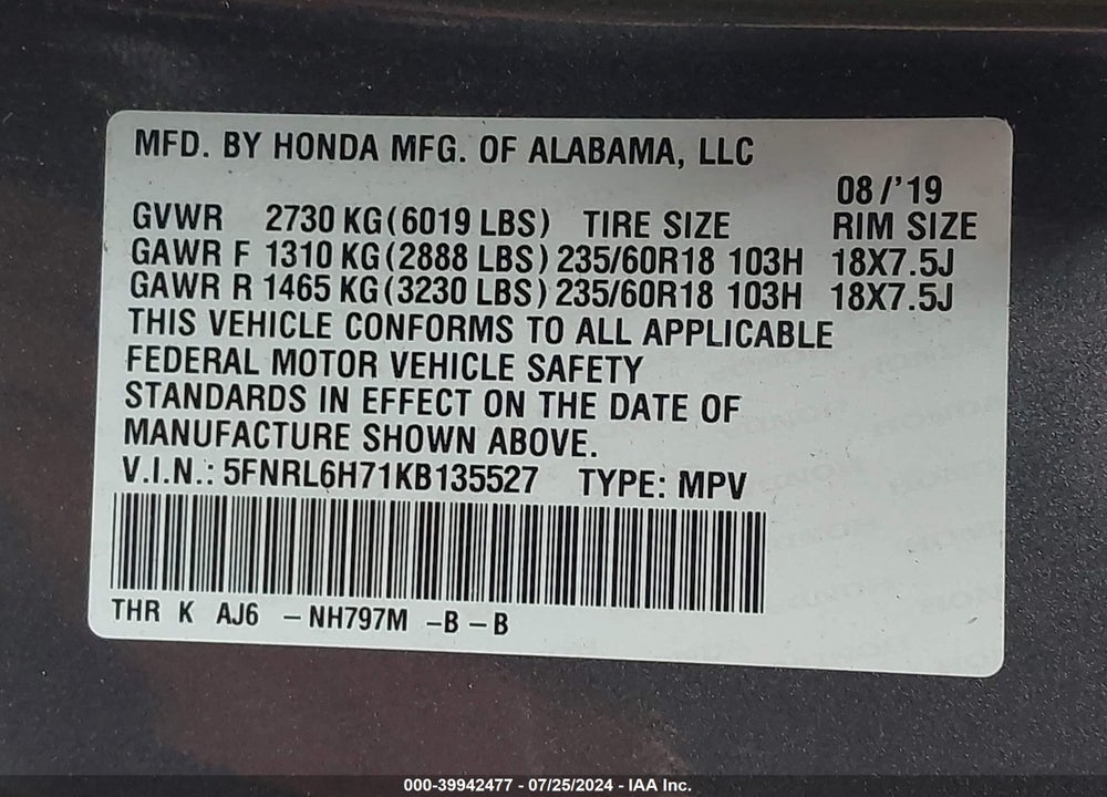 2019 HONDA ODYSSEY EX-L VIN: 5FNRL6H71KB135527