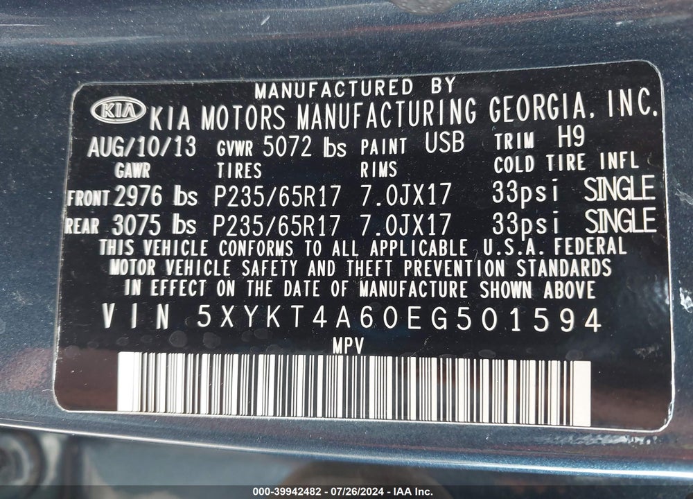 2014 KIA SORENTO LX VIN: 5XYKT4A60EG501594