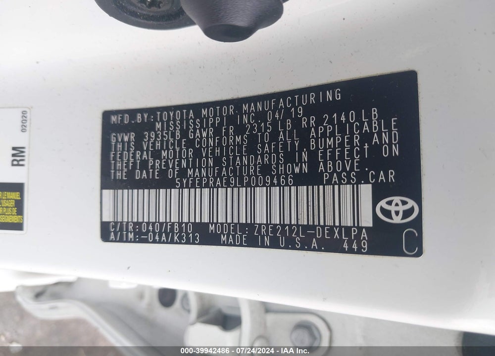 2020 TOYOTA COROLLA LE VIN: 5YFEPRAE9LP009466