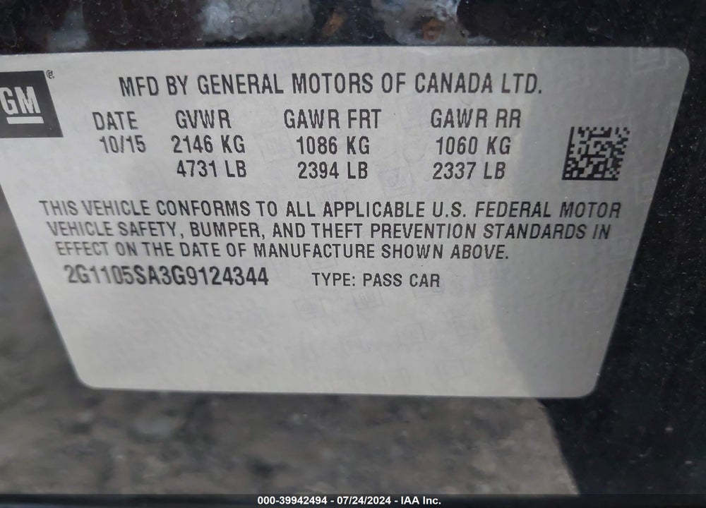2016 CHEVROLET IMPALA 1LT VIN: 2G1105SA3G9124344