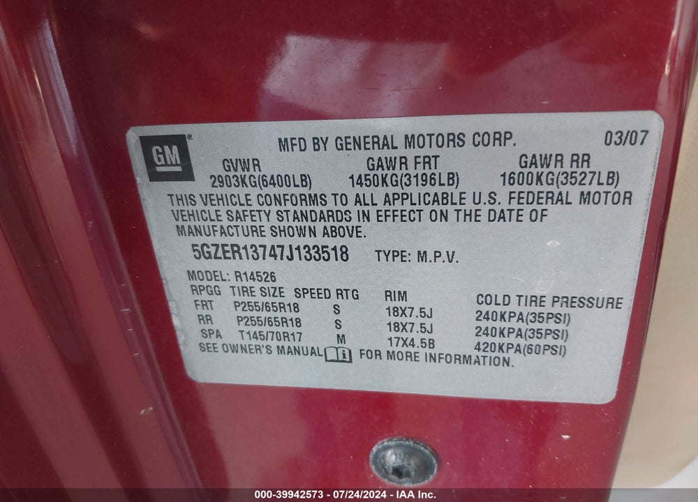 2007 SATURN OUTLOOK XE VIN: 5GZER13747J133518