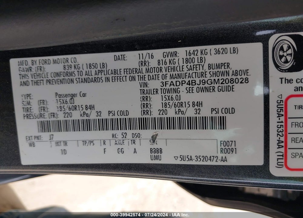 2016 FORD FIESTA SE VIN: 3FADP4BJ9GM208028
