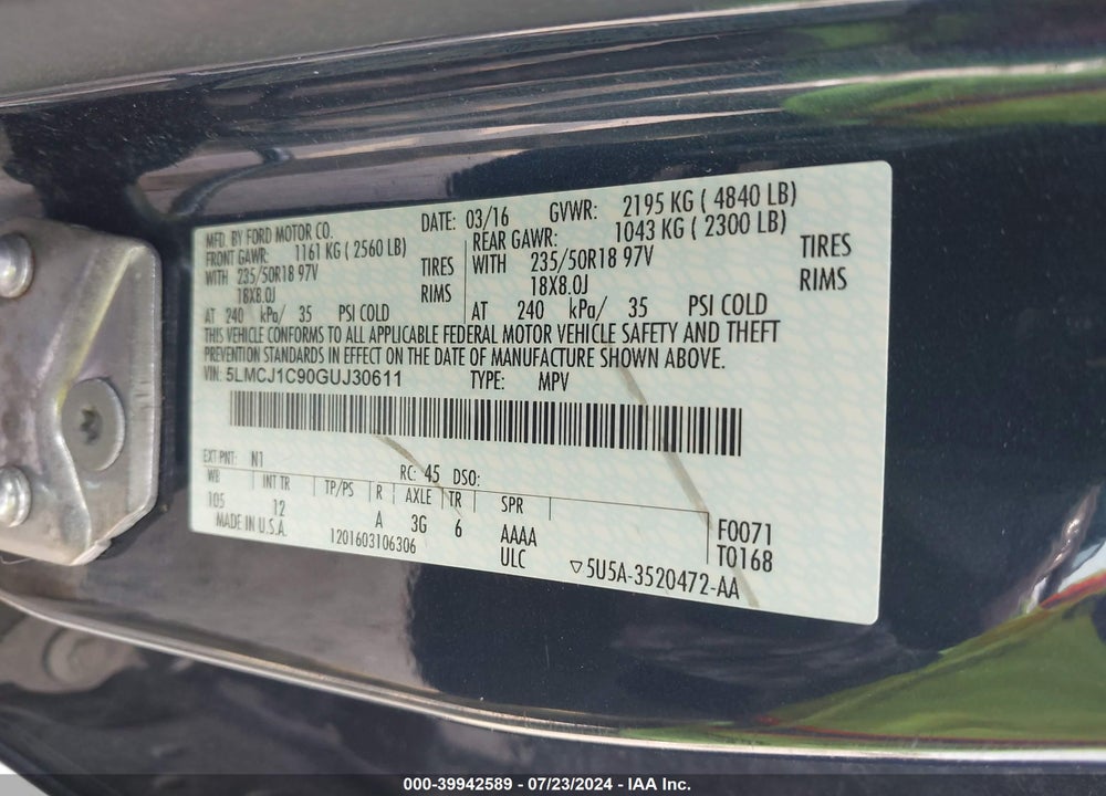 2016 LINCOLN MKC PREMIER VIN: 5LMCJ1C90GUJ30611