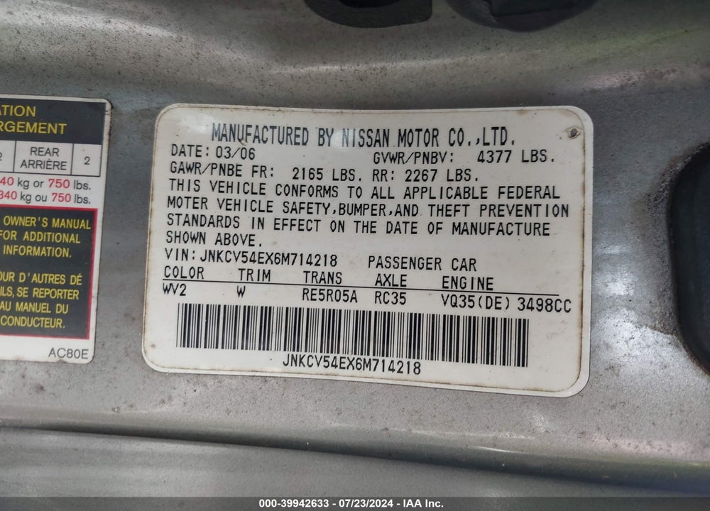 2006 INFINITI G35 VIN: JNKCV54EX6M714218