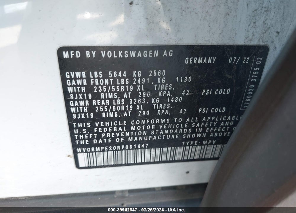 2022 VOLKSWAGEN ID.4 PRO VIN: WVGRMPE20NP061647