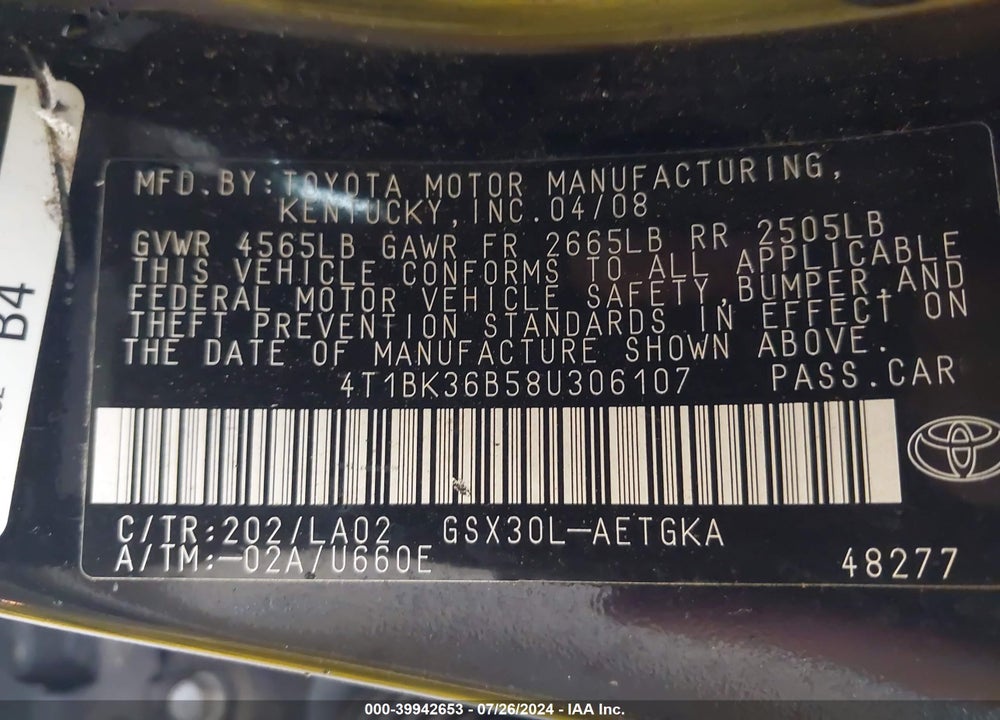 2008 TOYOTA AVALON XLS VIN: 4T1BK36B58U306107
