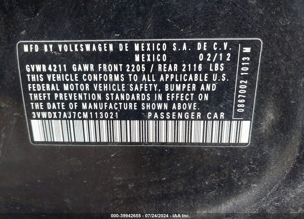 2012 VOLKSWAGEN JETTA 2.5L SE VIN: 3VWDX7AJ7CM113021