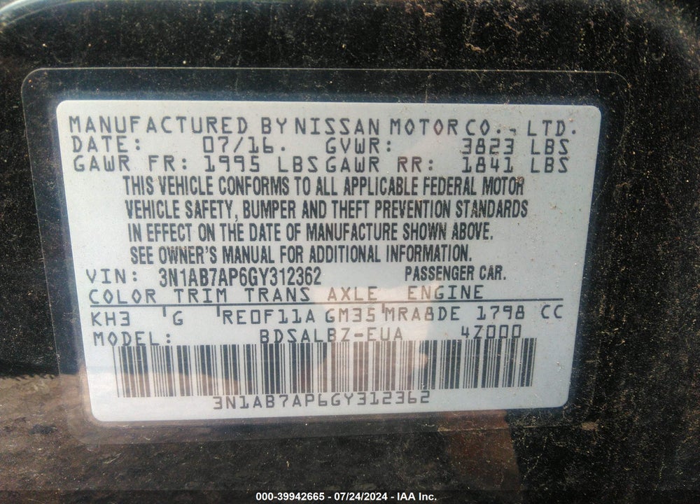 2016 NISSAN SENTRA S VIN: 3N1AB7AP6GY312362