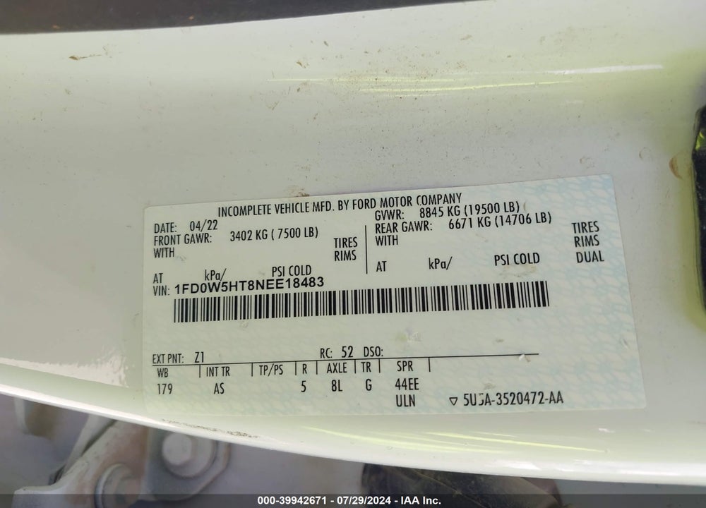 2022 FORD F-550 CHASSIS XL VIN: 1FD0W5HT8NEE18483