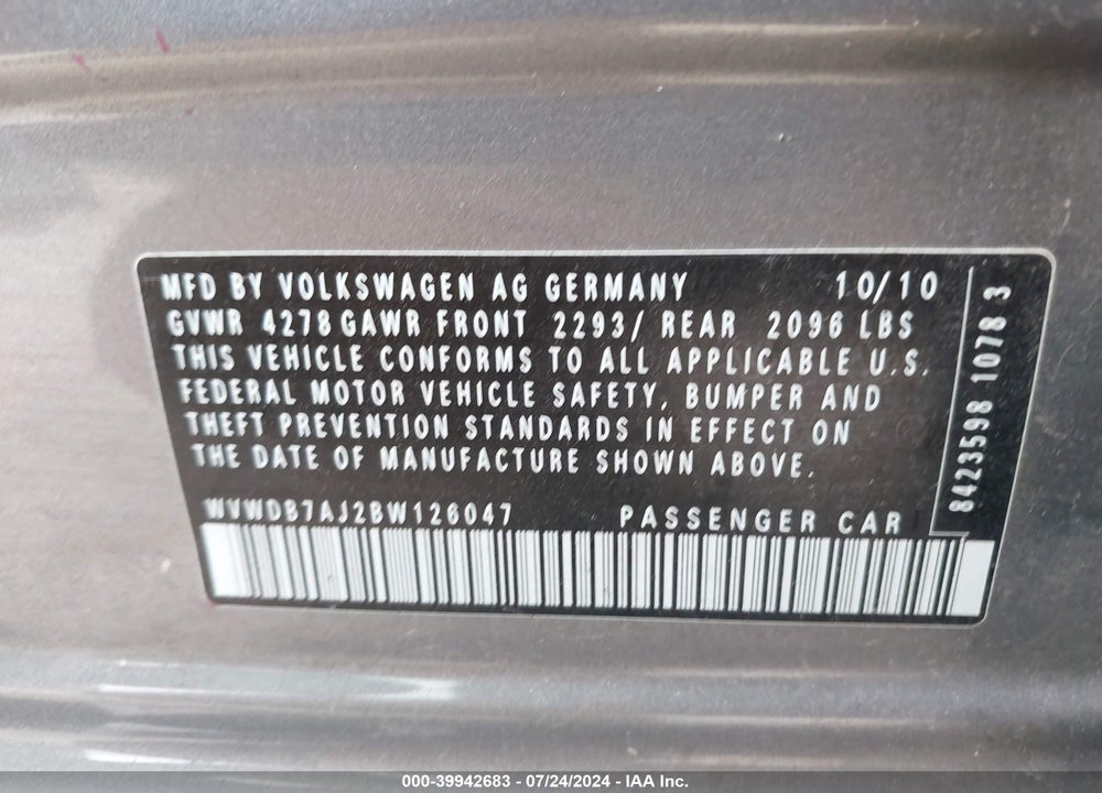 2011 VOLKSWAGEN GOLF 2.5L 4-DOOR VIN: WVWDB7AJ2BW126047