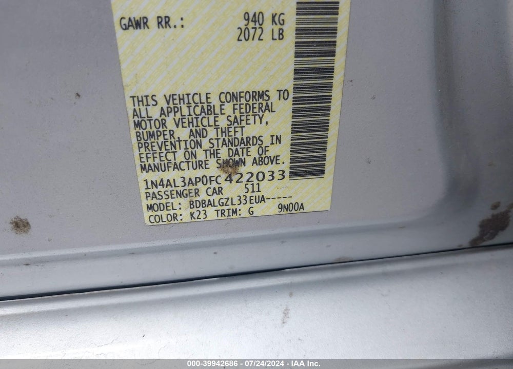 2015 NISSAN ALTIMA VIN: 1N4AL3AP0FC422033