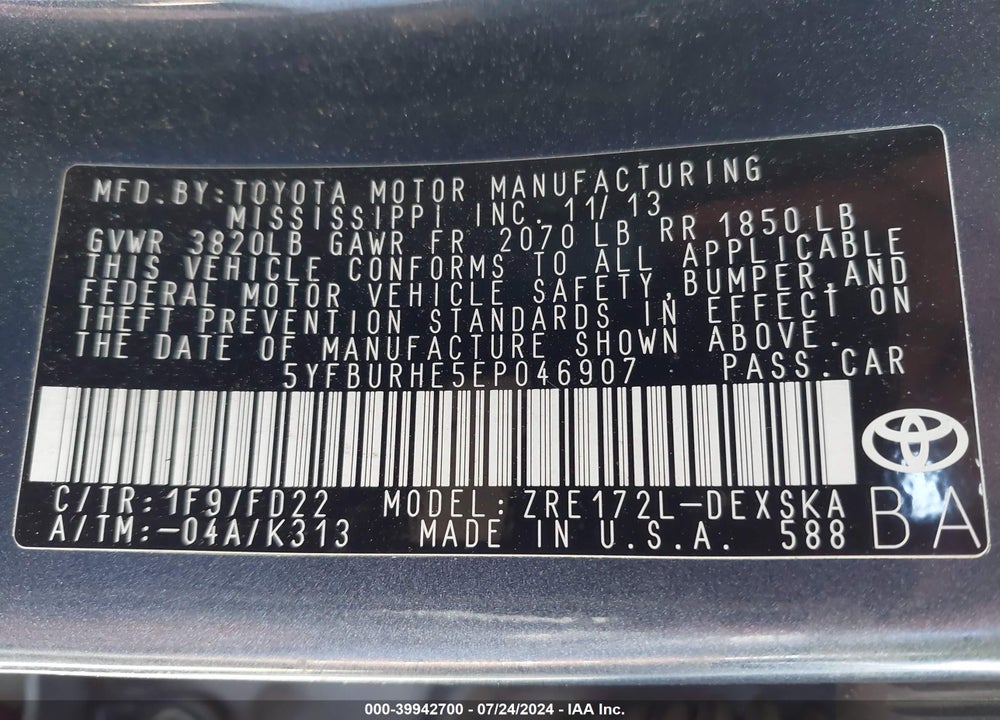 2014 TOYOTA COROLLA S PLUS VIN: 5YFBURHE5EP046907