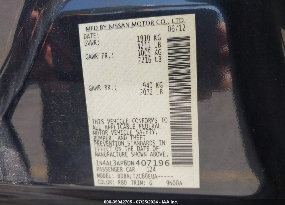 2013 NISSAN ALTIMA 2.5 SV VIN: 1N4AL3AP6DN407196