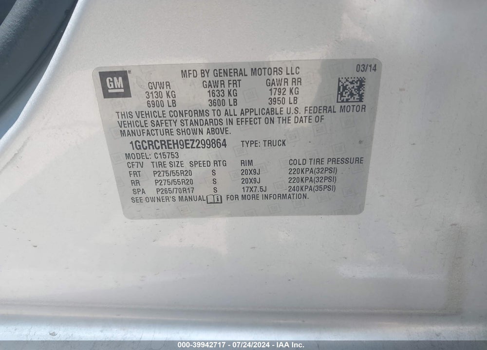 2014 CHEVROLET SILVERADO 1500 1LT VIN: 1GCRCREH9EZ299864