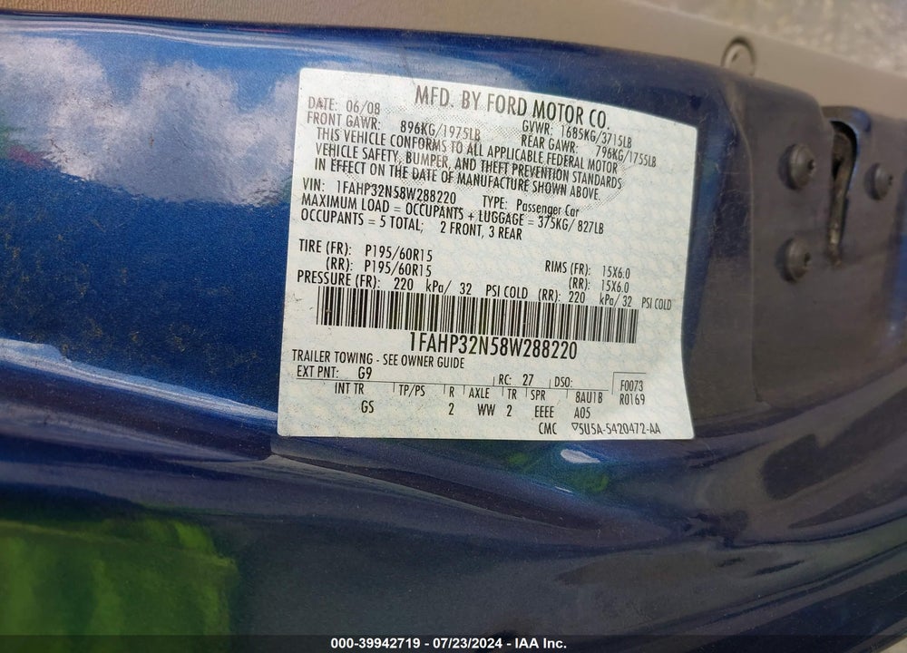 2008 FORD FOCUS VIN: 1FAHP32N58W288220