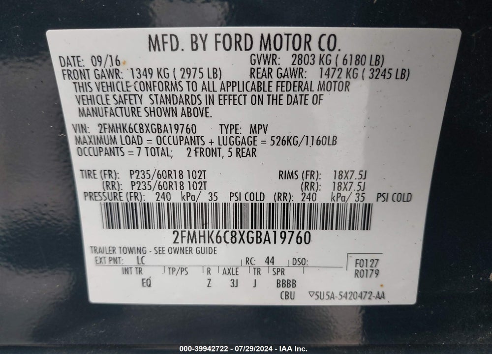 2016 FORD FLEX VIN: 2FMHK6C8XGBA19760