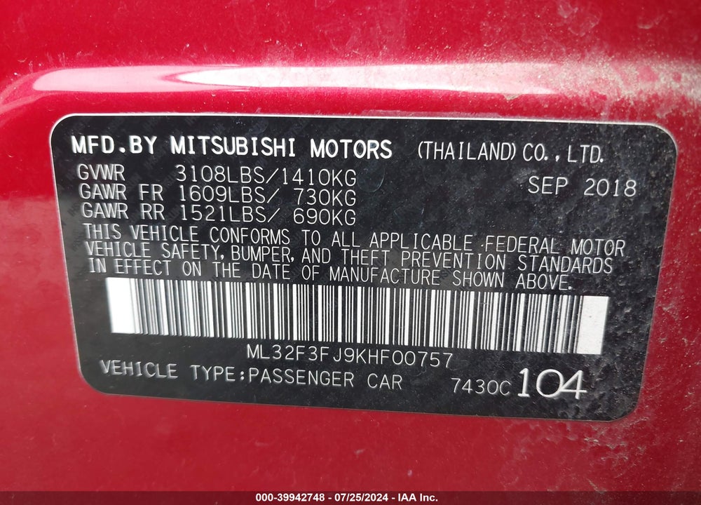 2019 MITSUBISHI MIRAGE G4 ES VIN: ML32F3FJ9KHF00757