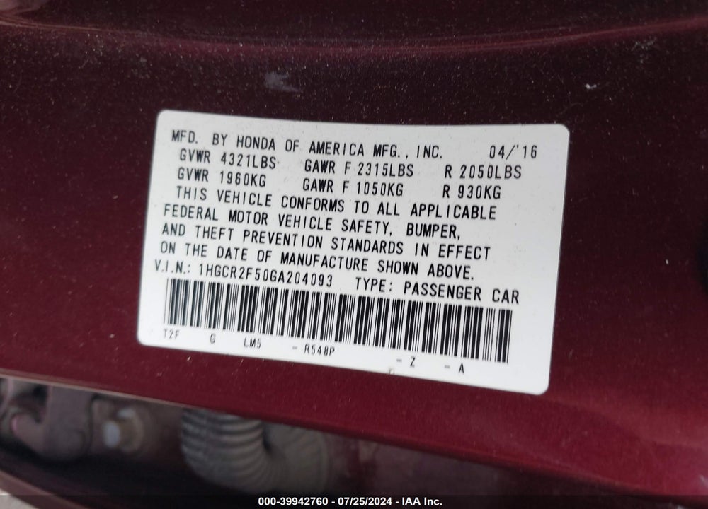 2016 HONDA ACCORD SPORT VIN: 1HGCR2F50GA204093