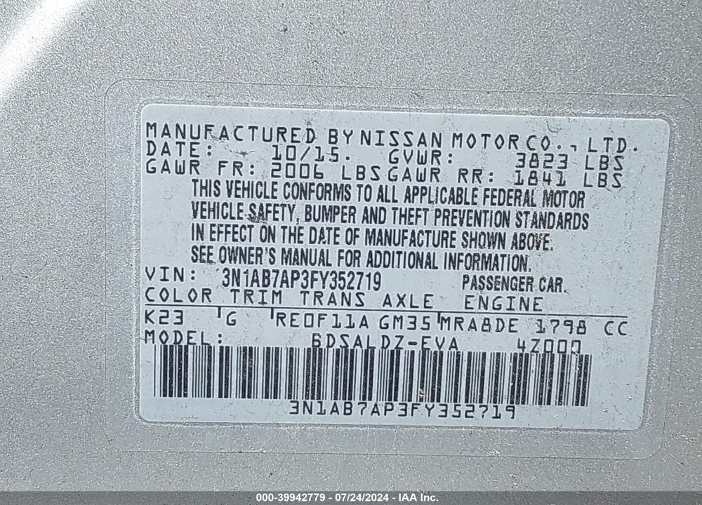 2015 NISSAN SENTRA SV VIN: 3N1AB7AP3FY352719
