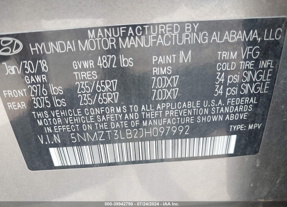 2018 HYUNDAI SANTA FE SPORT VIN: 5NMZT3LB2JH097992