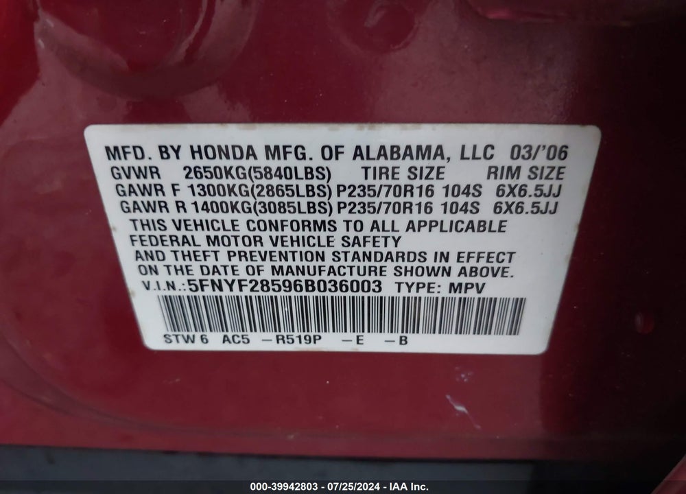 2006 HONDA PILOT EX-L VIN: 5FNYF28596B036003