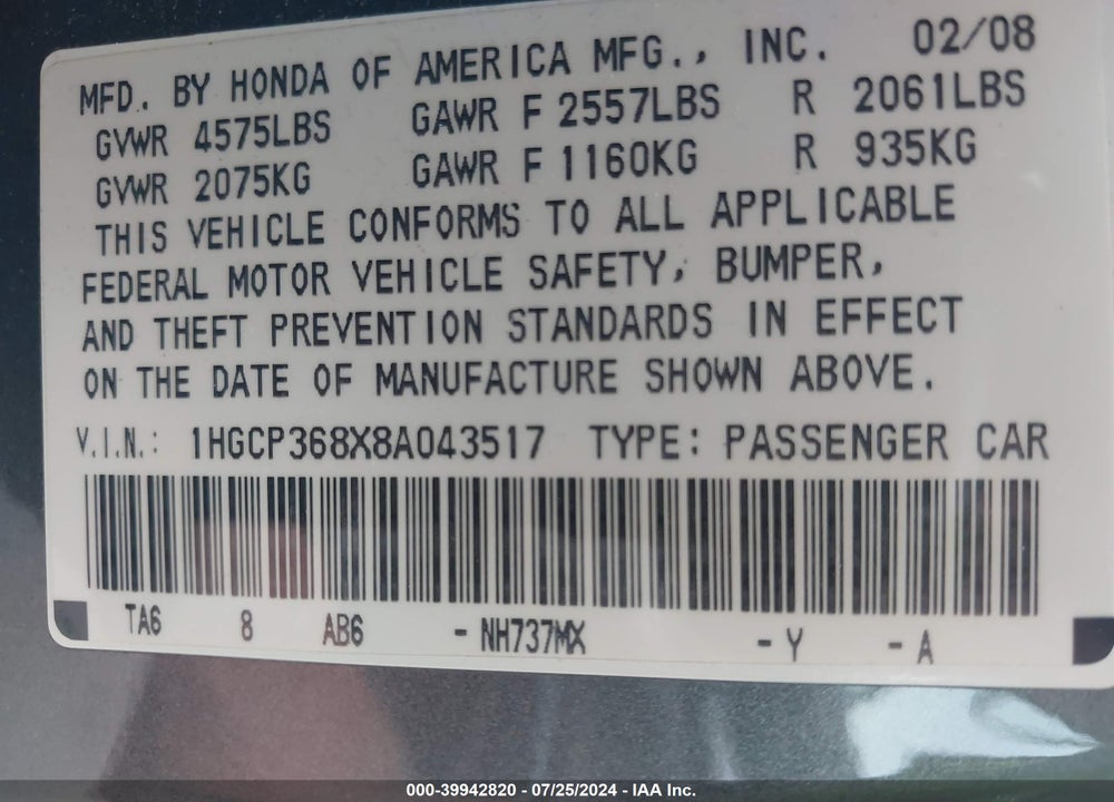 2008 HONDA ACCORD 3.5 EX-L VIN: 1HGCP368X8A043517