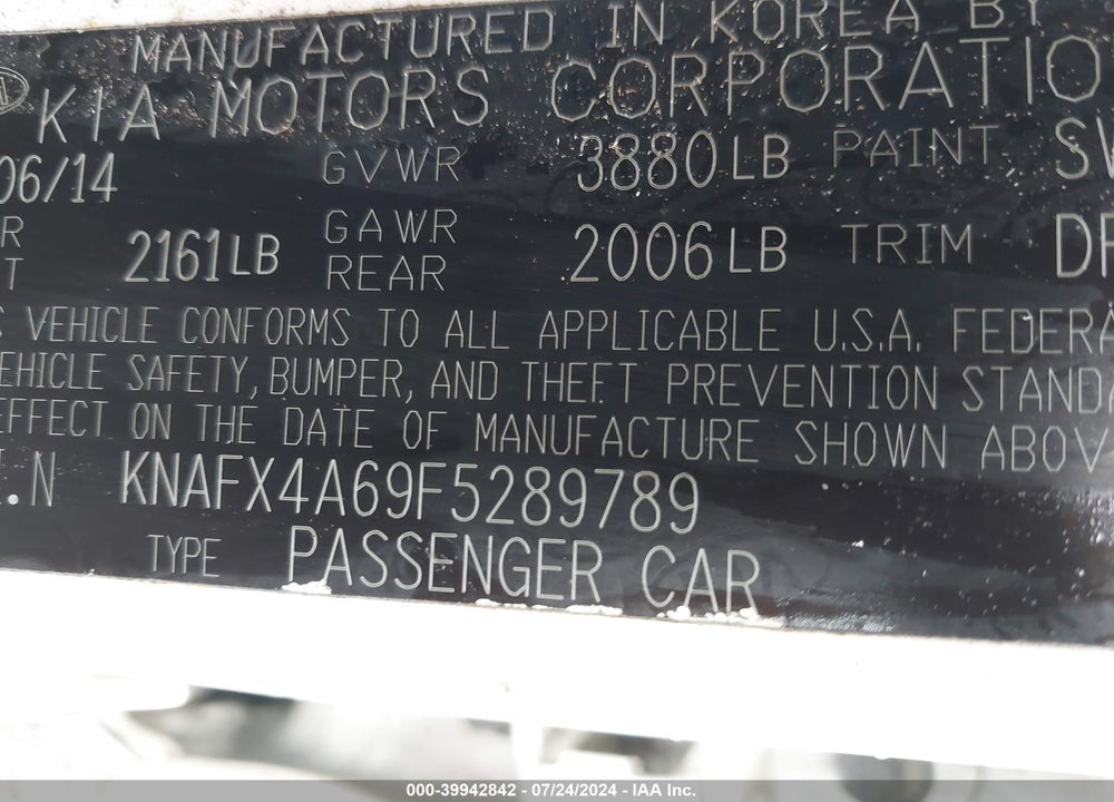 2015 KIA FORTE LX VIN: KNAFX4A69F5289789