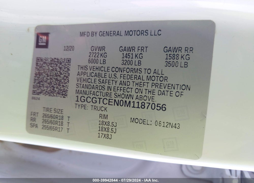 2021 CHEVROLET COLORADO VIN: 1GCGTCEN0M1187056
