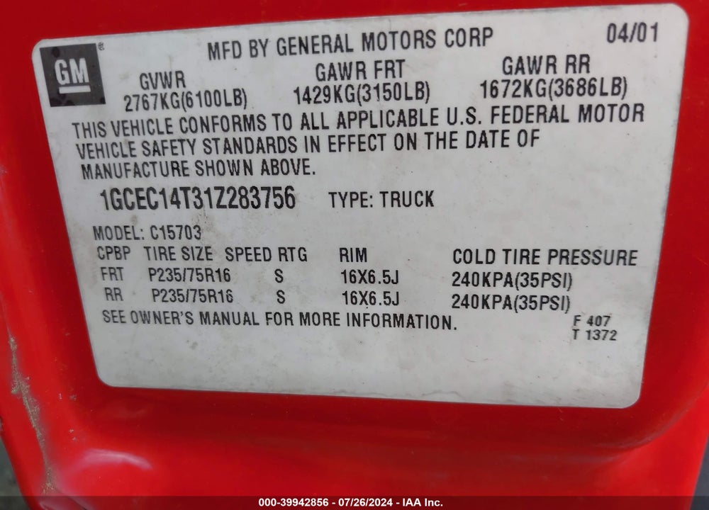 2001 CHEVROLET SILVERADO 1500 VIN: 1GCEC14T31Z283756