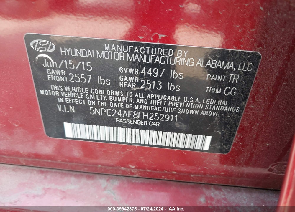 2015 HYUNDAI SONATA SE VIN: 5NPE24AF8FH252911