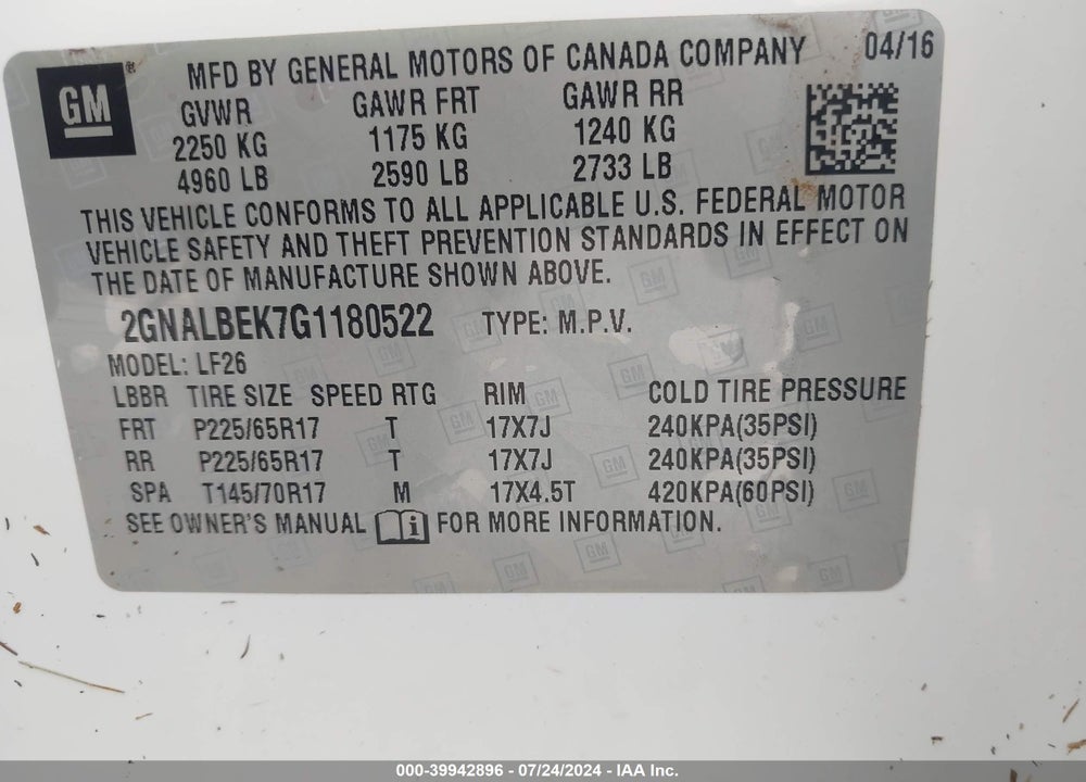 2016 CHEVROLET EQUINOX LS VIN: 2GNALBEK7G1180522
