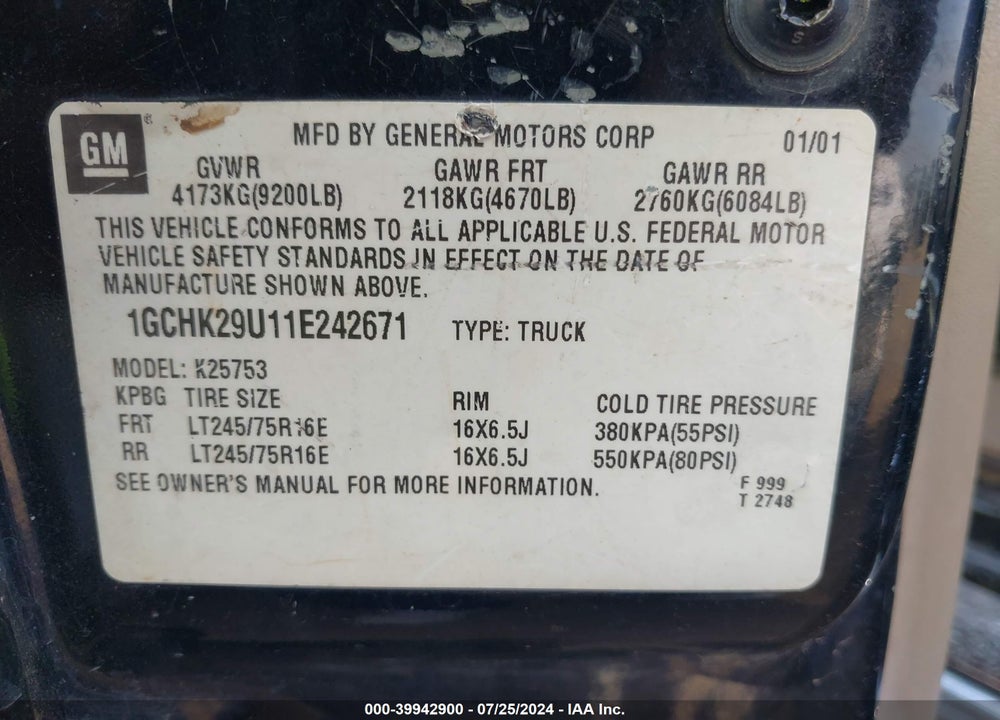 2001 CHEVROLET SILVERADO 2500HD LS VIN: 1GCHK29U11E242671