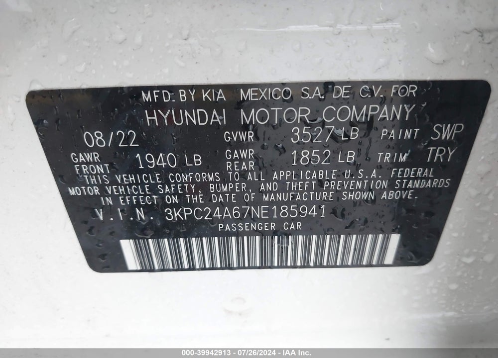 2022 HYUNDAI ACCENT SEL VIN: 3KPC24A67NE185941