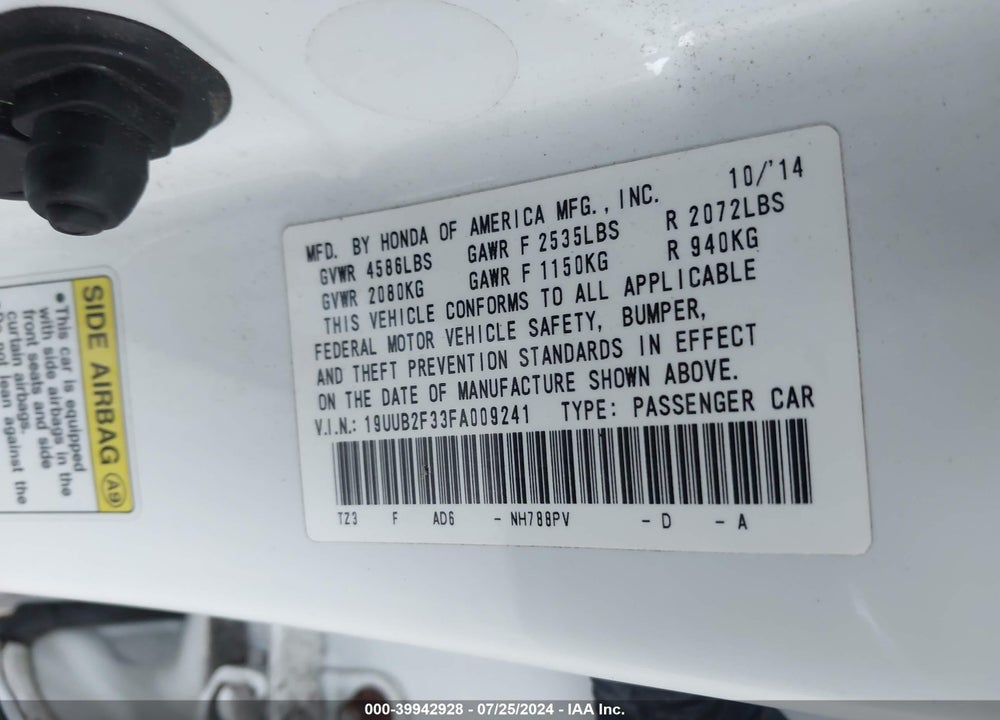 2015 ACURA TLX V6 VIN: 19UUB2F33FA009241