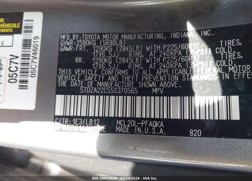 2005 TOYOTA SIENNA XLE/XLE LIMITED VIN: 5TDZA22C55S370565