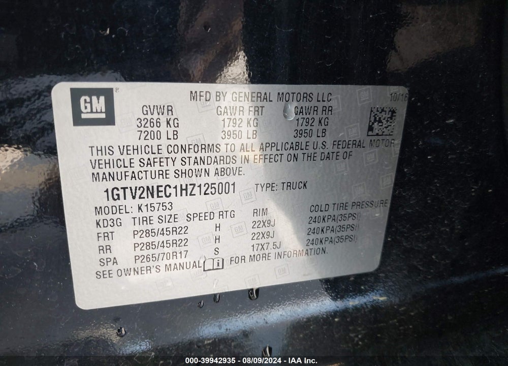 2017 GMC SIERRA 1500 SLT VIN: 1GTV2NEC1HZ125001