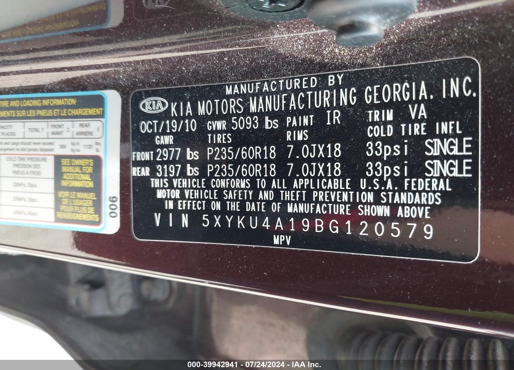 2011 KIA SORENTO EX VIN: 5XYKU4A19BG120579