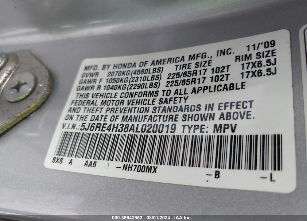 2010 HONDA CR-V LX VIN: 5J6RE4H38AL020019