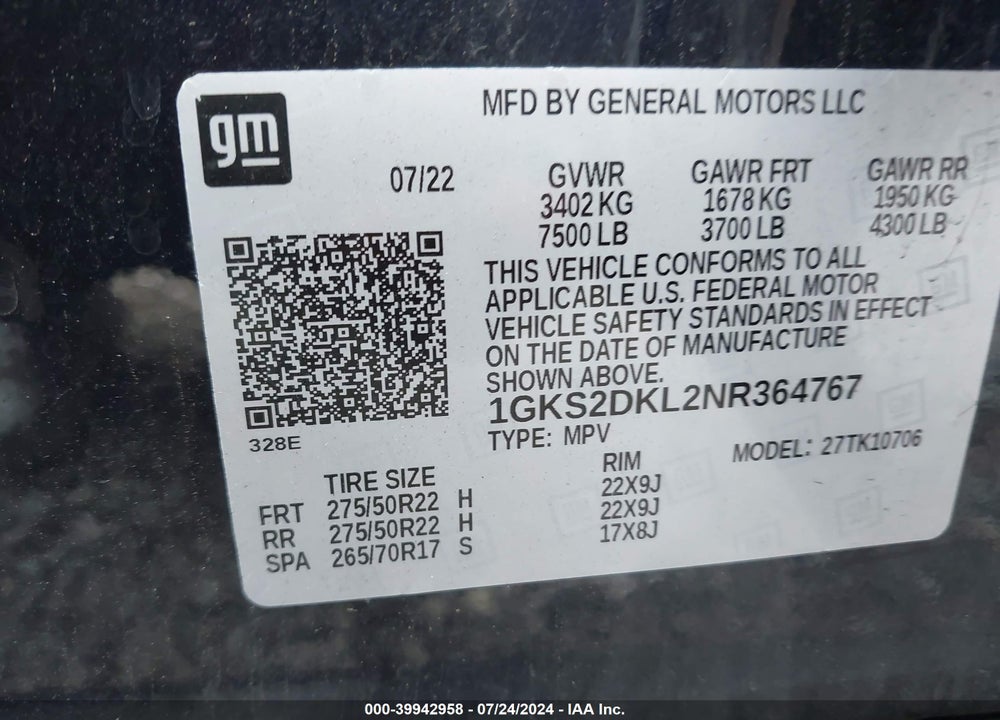 2022 GMC YUKON 4WD DENALI VIN: 1GKS2DKL2NR364767