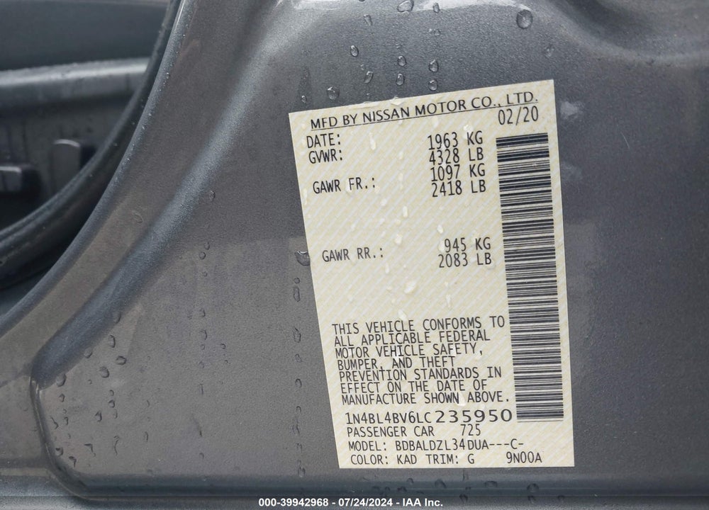 2020 NISSAN ALTIMA S FWD VIN: 1N4BL4BV6LC235950