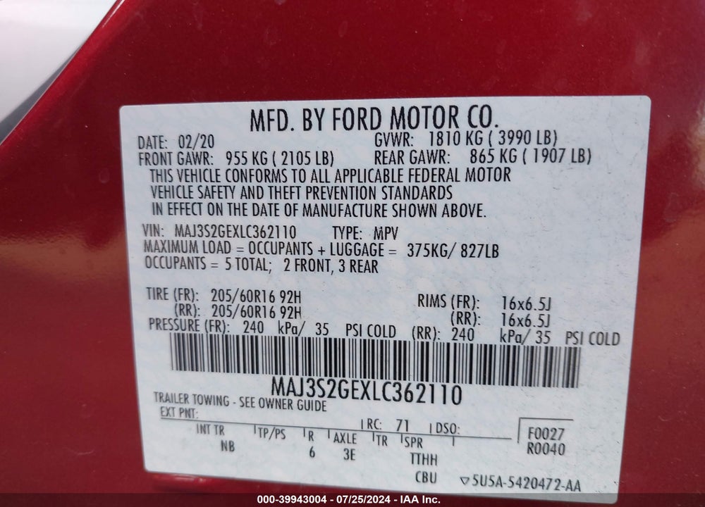 2020 FORD ECOSPORT SE VIN: MAJ3S2GEXLC362110