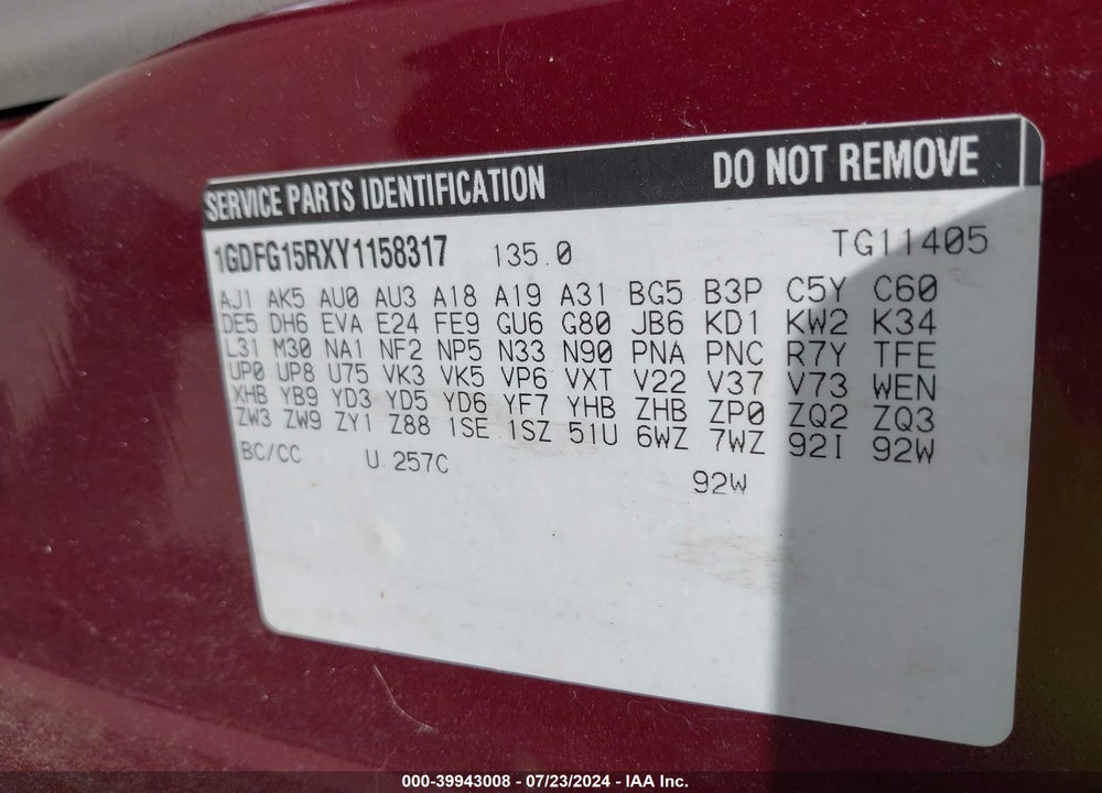 2000 GMC SAVANA RV VIN: 1GDFG15RXY1158317