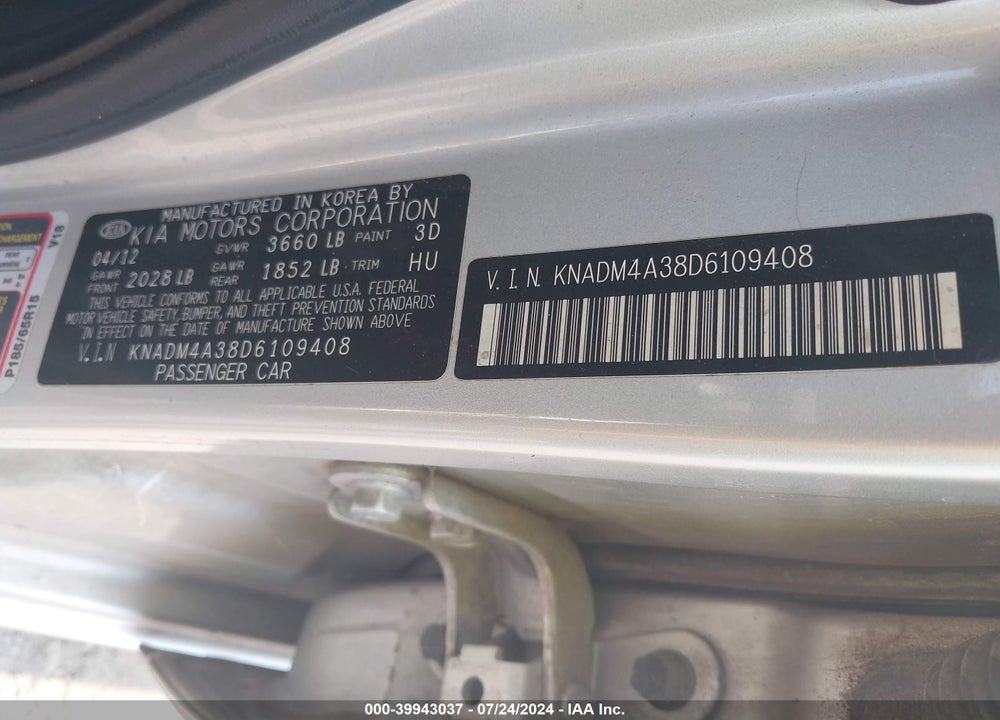 2013 KIA RIO LX VIN: KNADM4A38D6109408