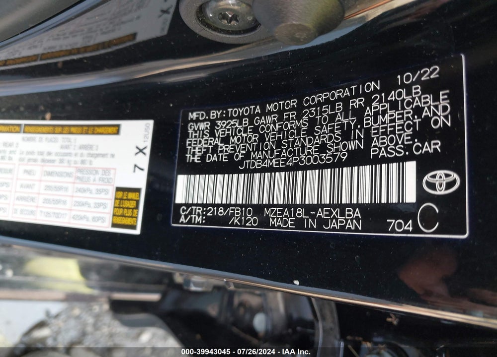 2023 TOYOTA COROLLA LE VIN: JTDB4MEE4P3003579