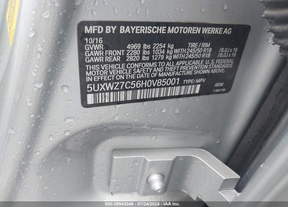 2017 BMW X3 SDRIVE28I VIN: 5UXWZ7C56H0V85001